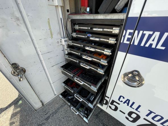 Mobile Service Truck drawers with multiple tools